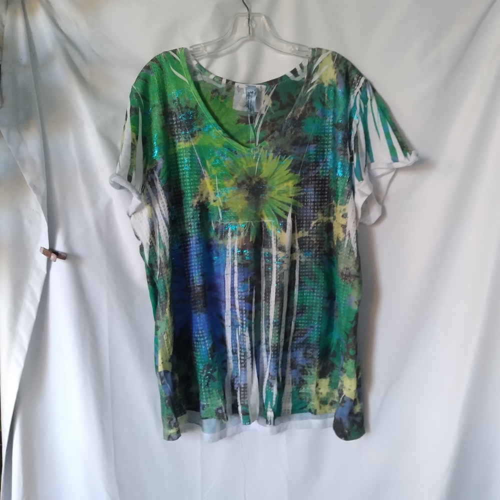 M Fasis By California Blue Top Womens Size OX V Neck Blue Teal Floral Lined